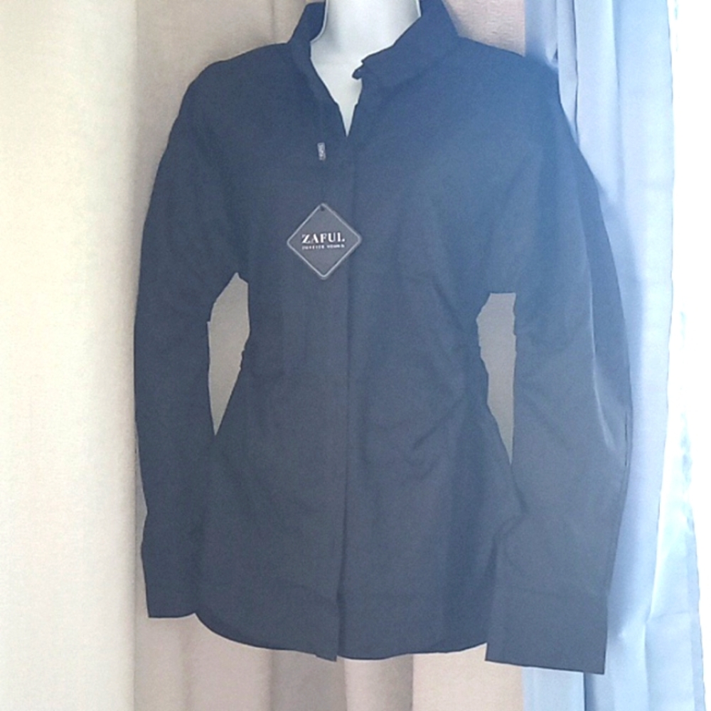 Black long sleeve button-down blouse with gathered waist and sleeves size small